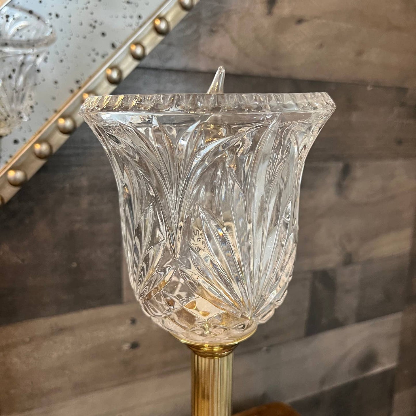 Vintage brass candlestick lamp with crystal shade