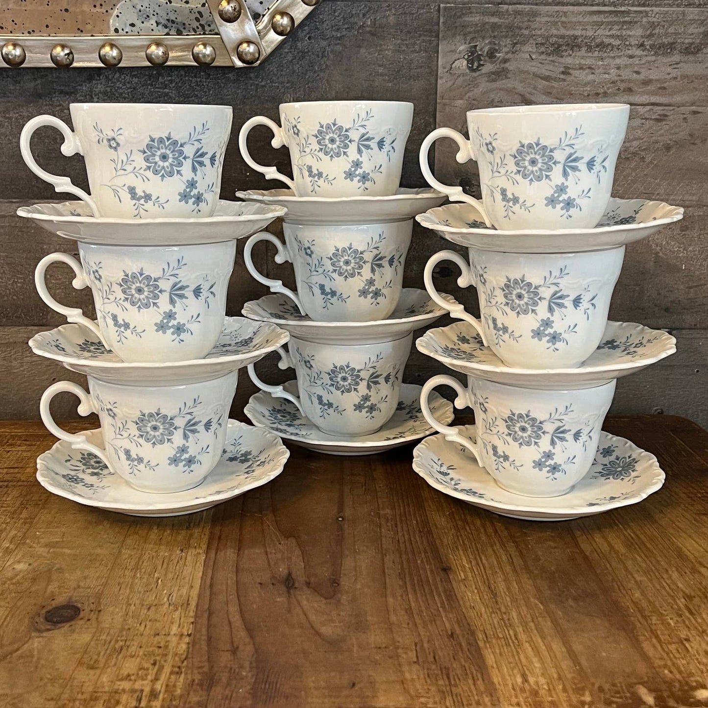 Christina Porcelain Bavarian Blue Seldmann Welden teacups and saucers - set of 9