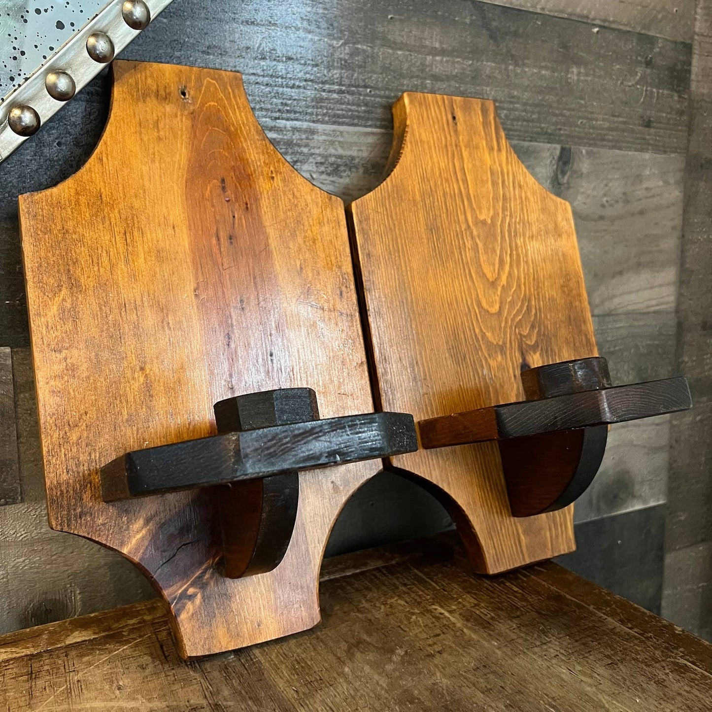 Vintage pair of wooden wall sconce candlestick holders