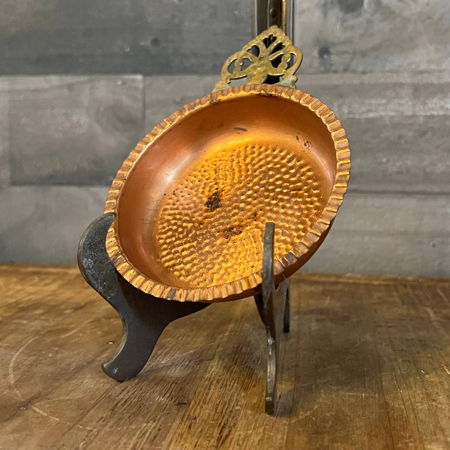 Vintage hammered copper trinket tray with brass handle