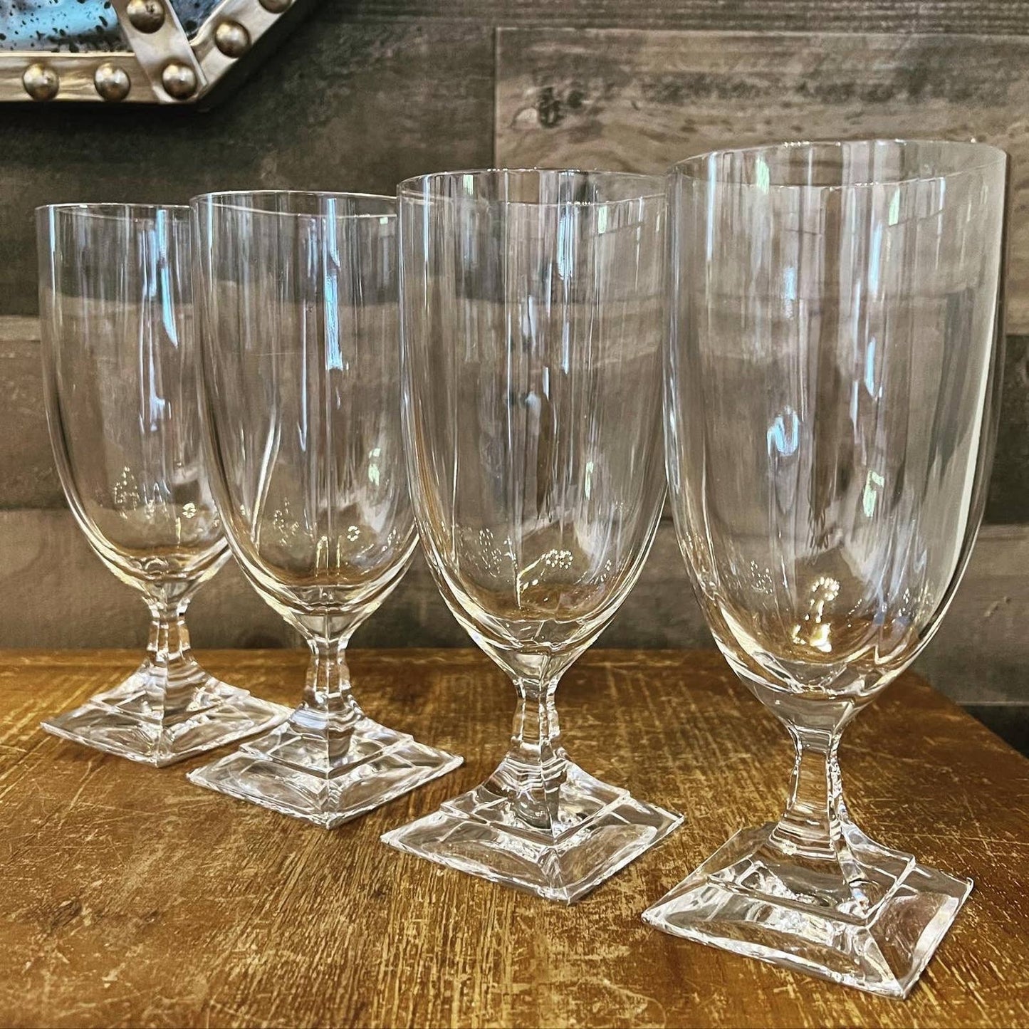 Elegant set of 4 square pedestal base clear glass goblets