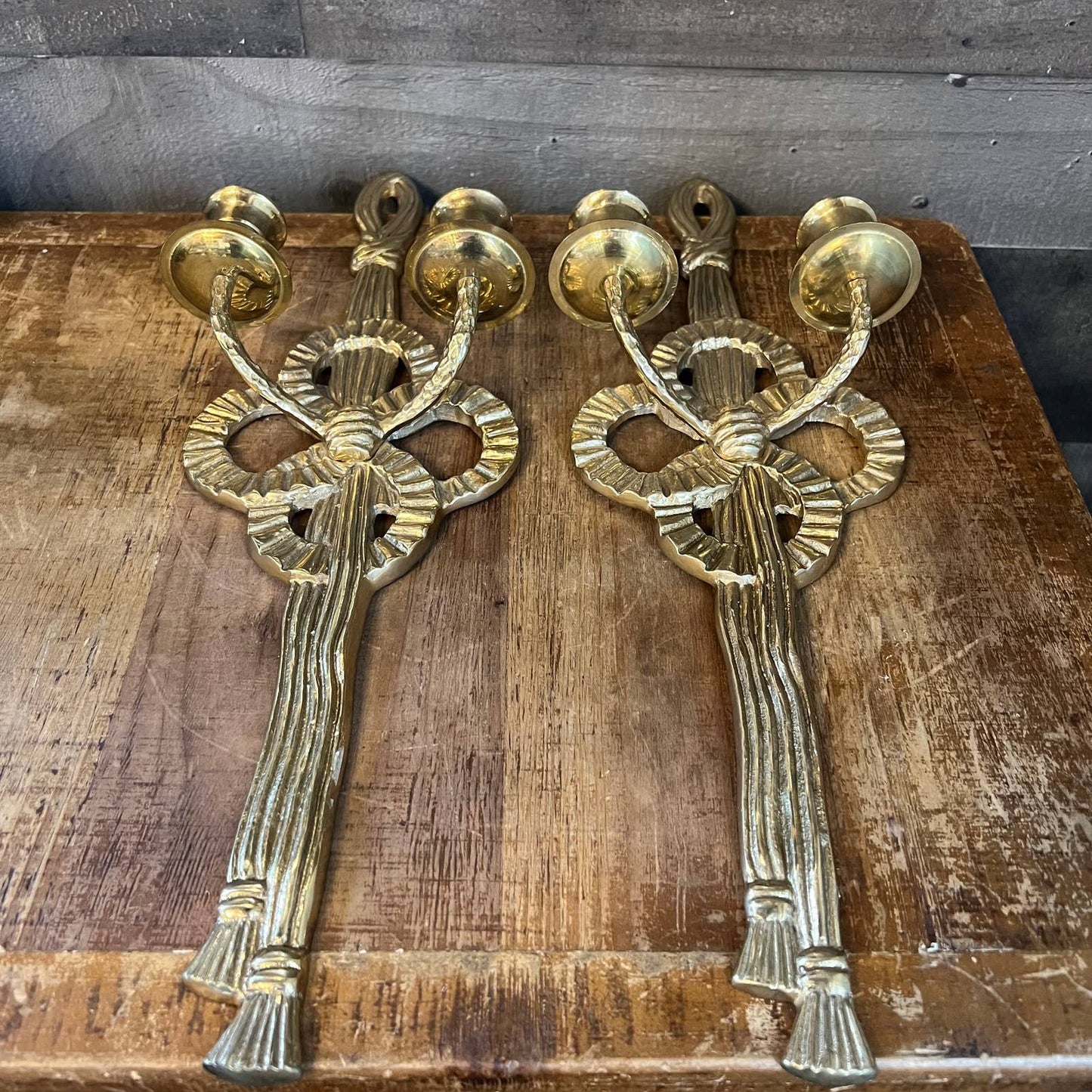 Vintage brass bow ribbon tassel wall sconces - pair