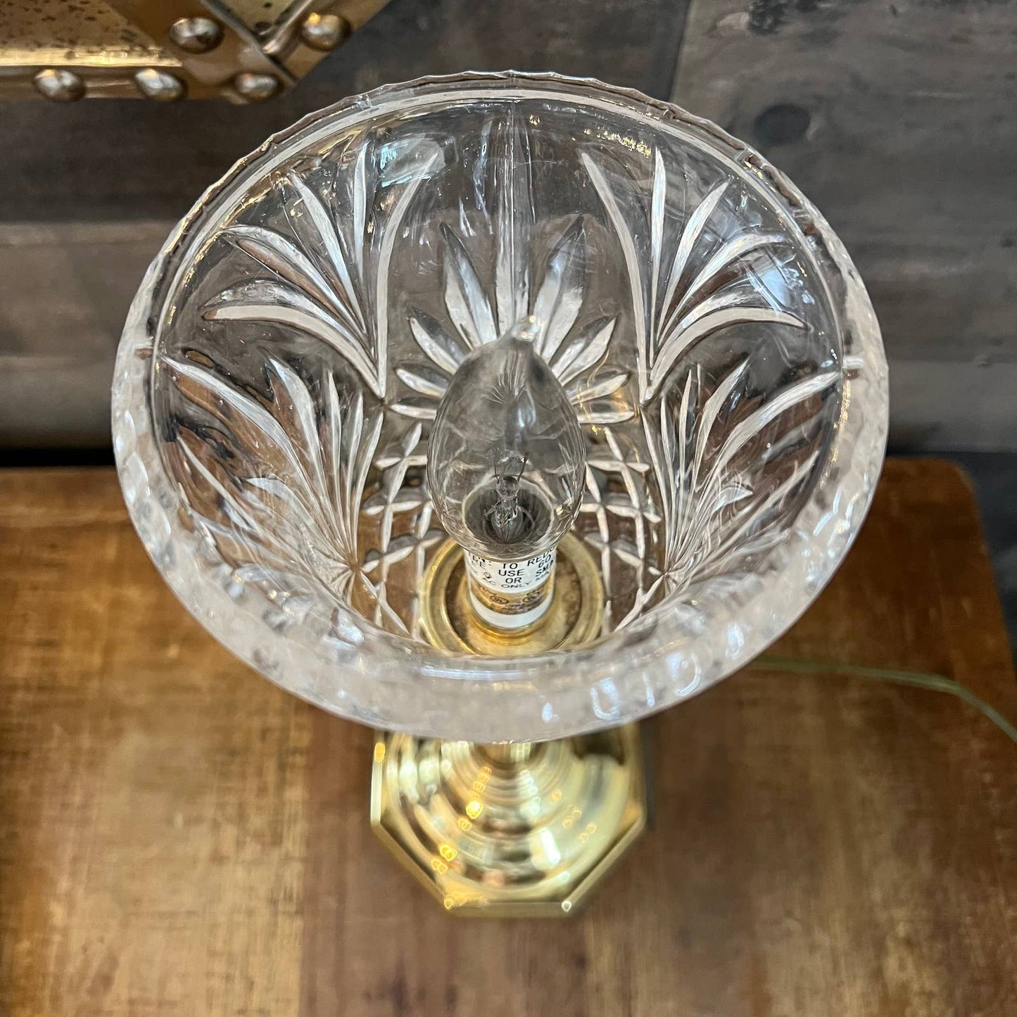 Vintage brass candlestick lamp with crystal shade