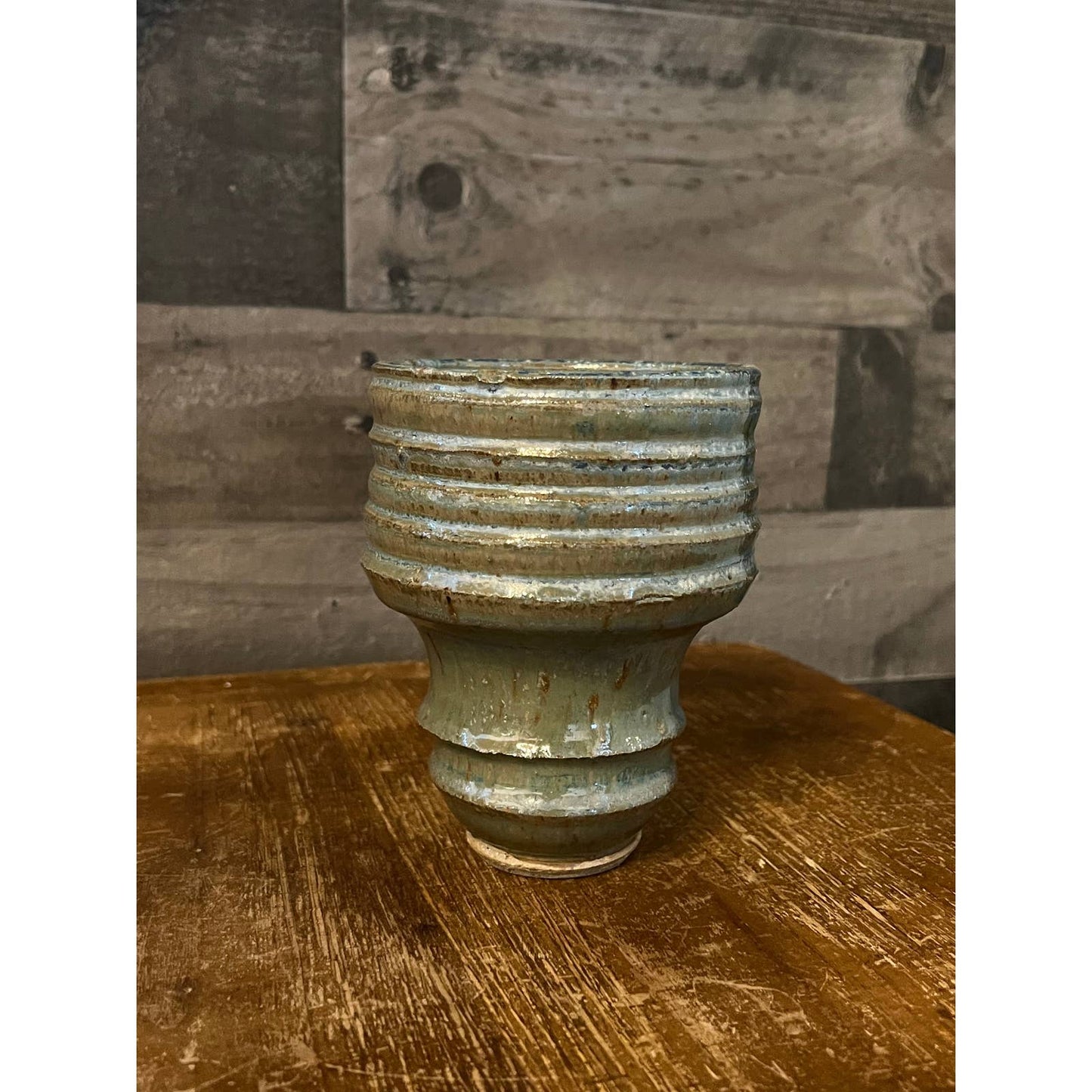 Light blue and tan glaze pottery vase - ridged vessel