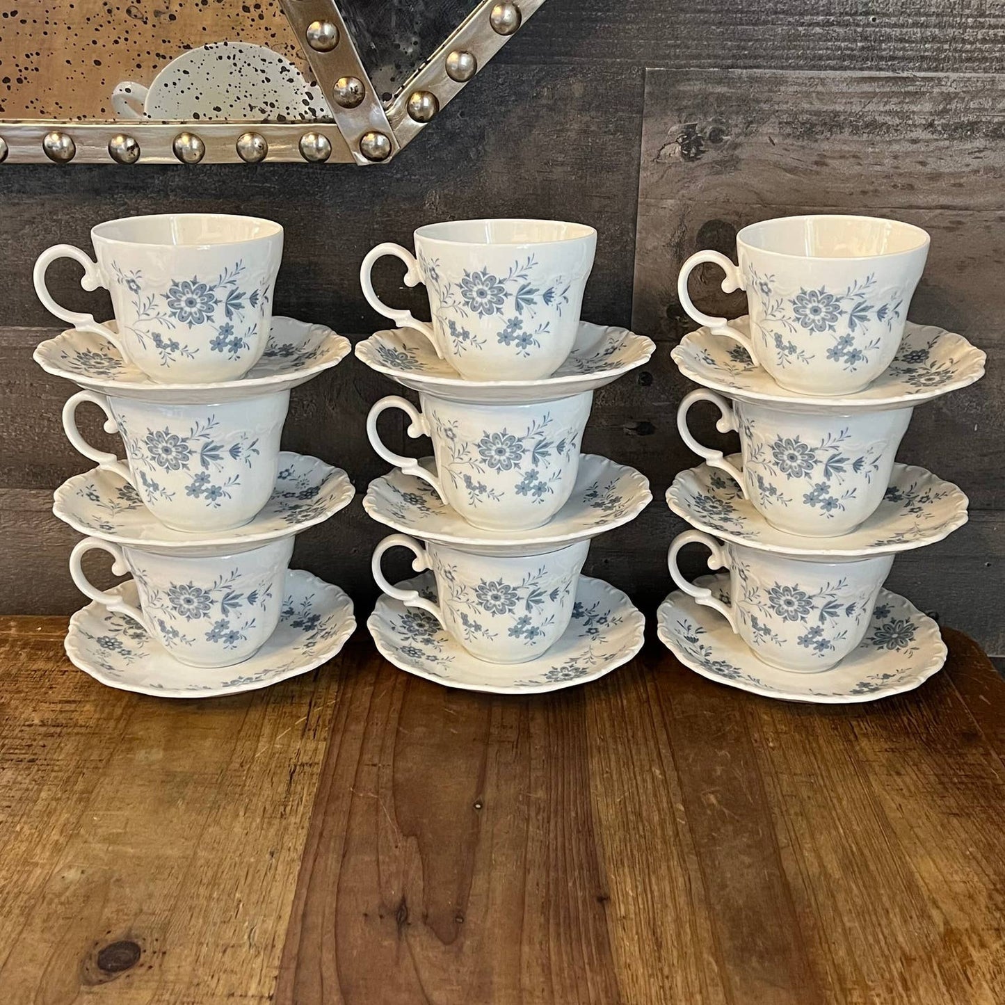 Christina Porcelain Bavarian Blue Seldmann Welden teacups and saucers - set of 9