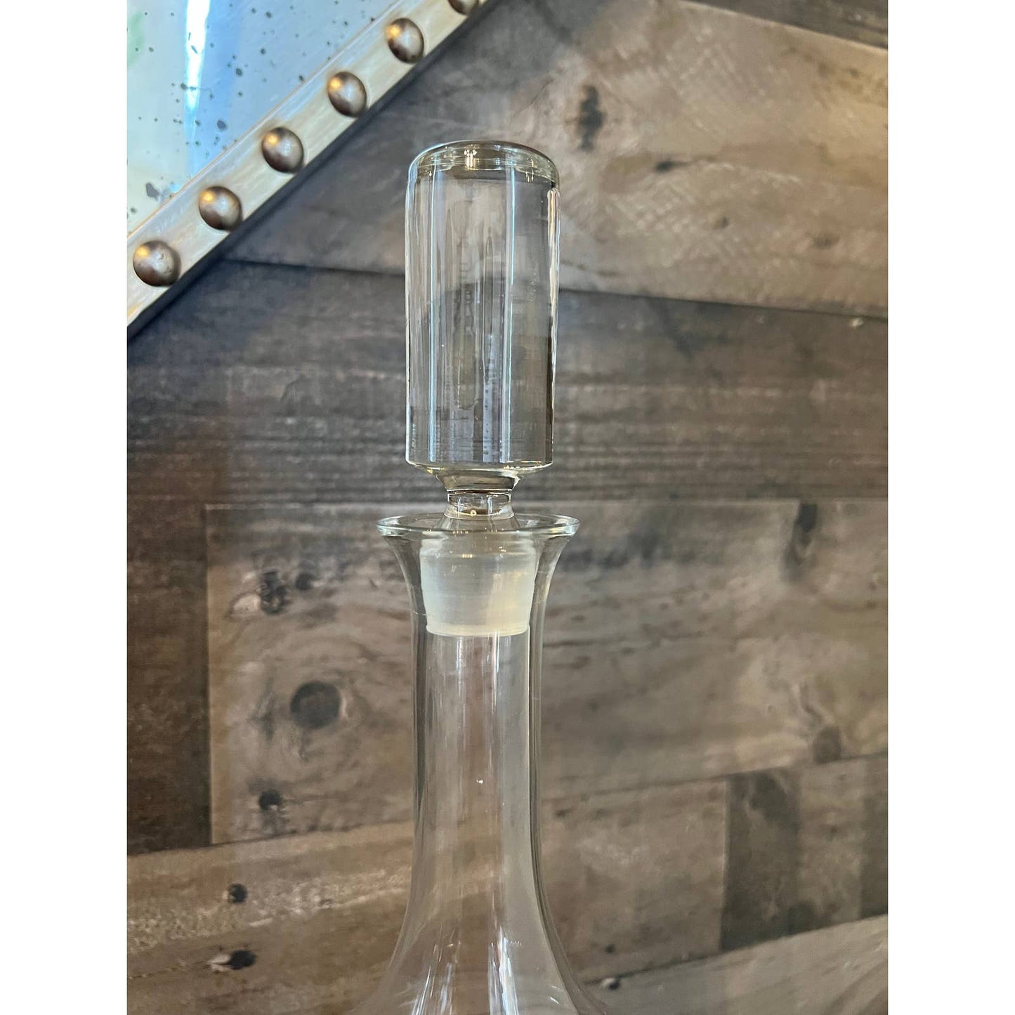 Clear glass floral etched tall decanter and cylinder stopper
