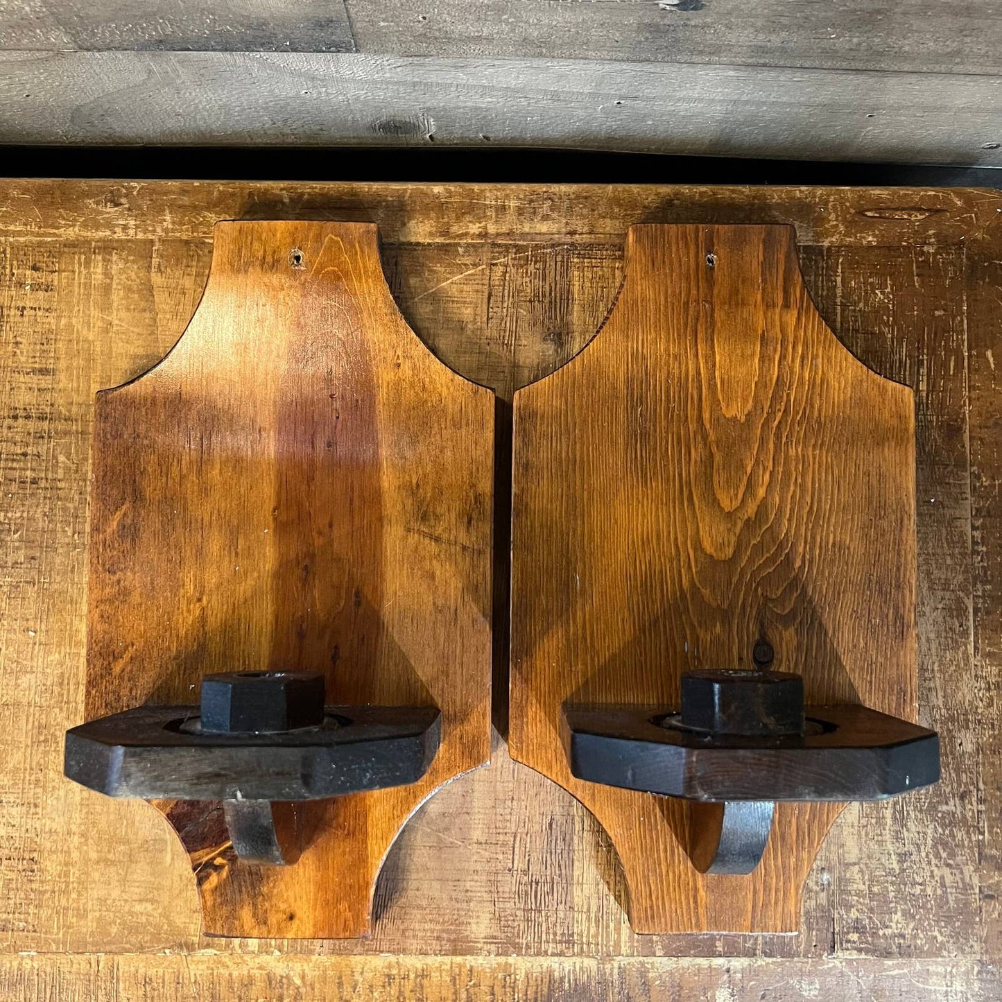 Vintage pair of wooden wall sconce candlestick holders