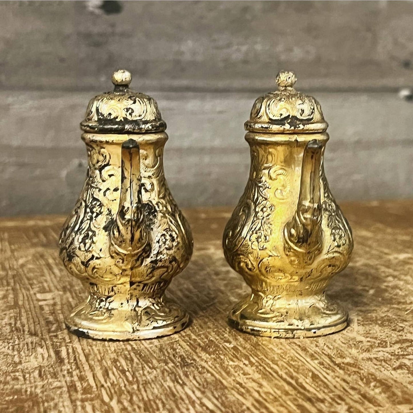 Vintage pair of silverplate teapot salt and pepper shakers - tea kettle shakers
