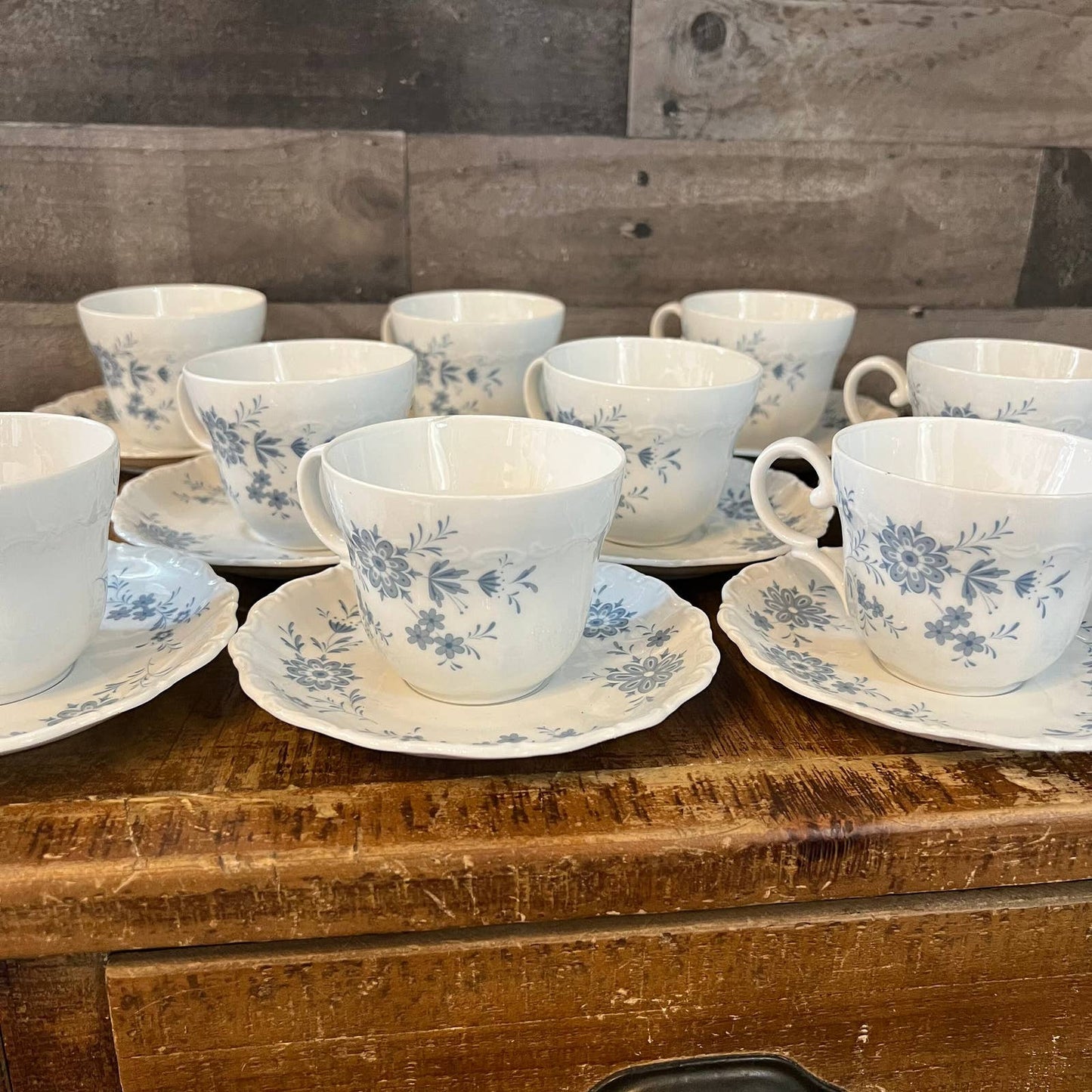 Christina Porcelain Bavarian Blue Seldmann Welden teacups and saucers - set of 9