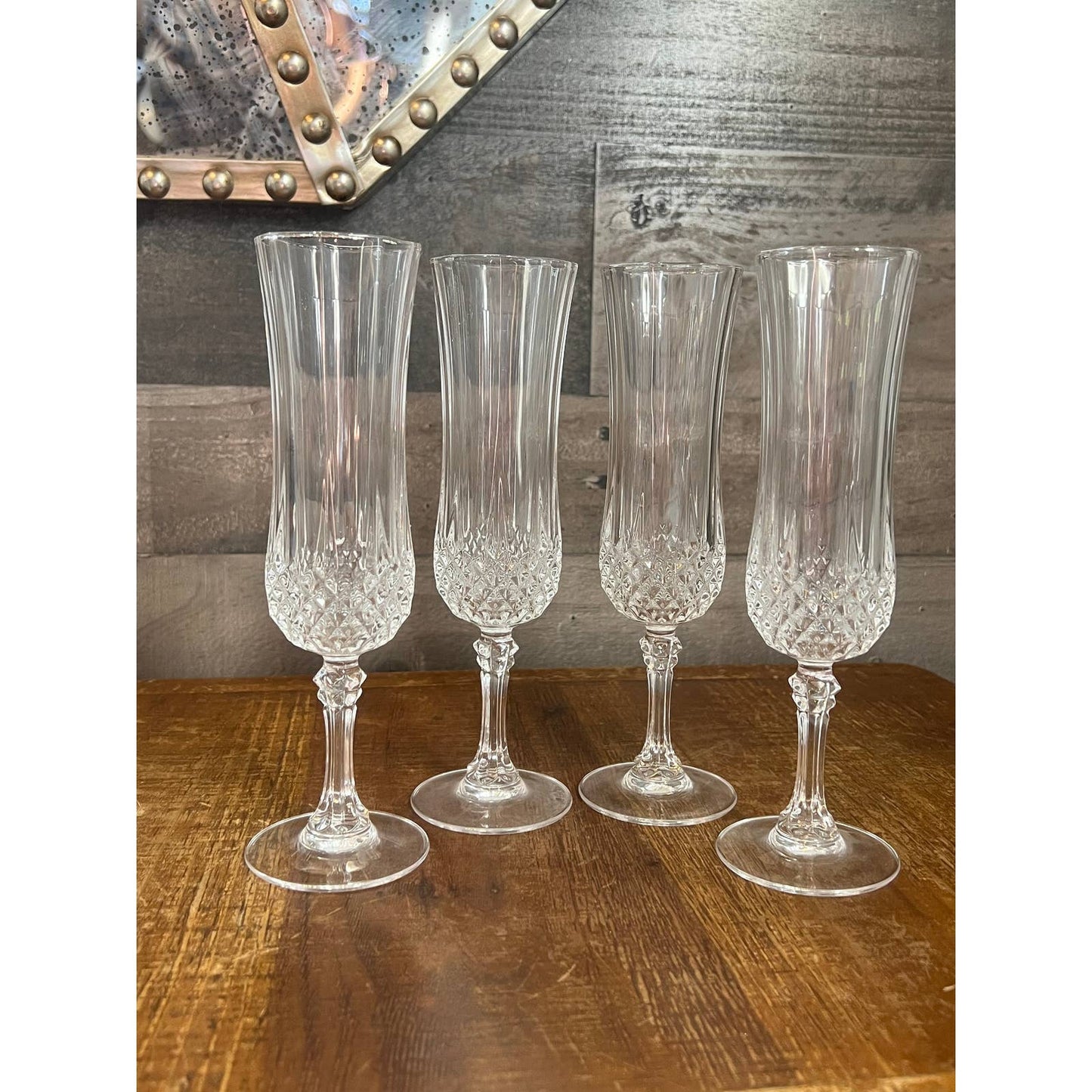 4 Vintage Cristal D’Arques Durand clear crystal faceted stem champagne glasses