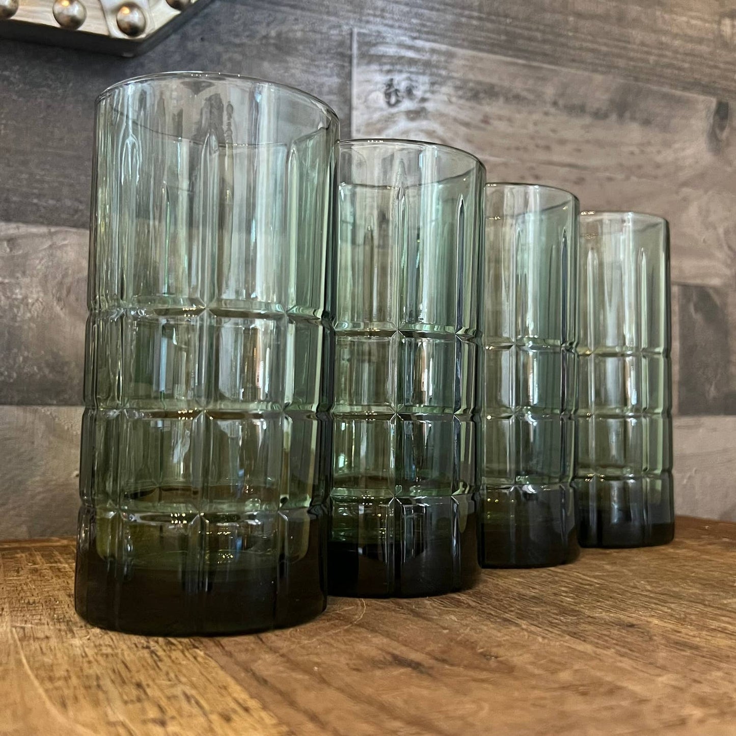 Vintage Anchor Hocking tall dark green tartan glasses - set of 4