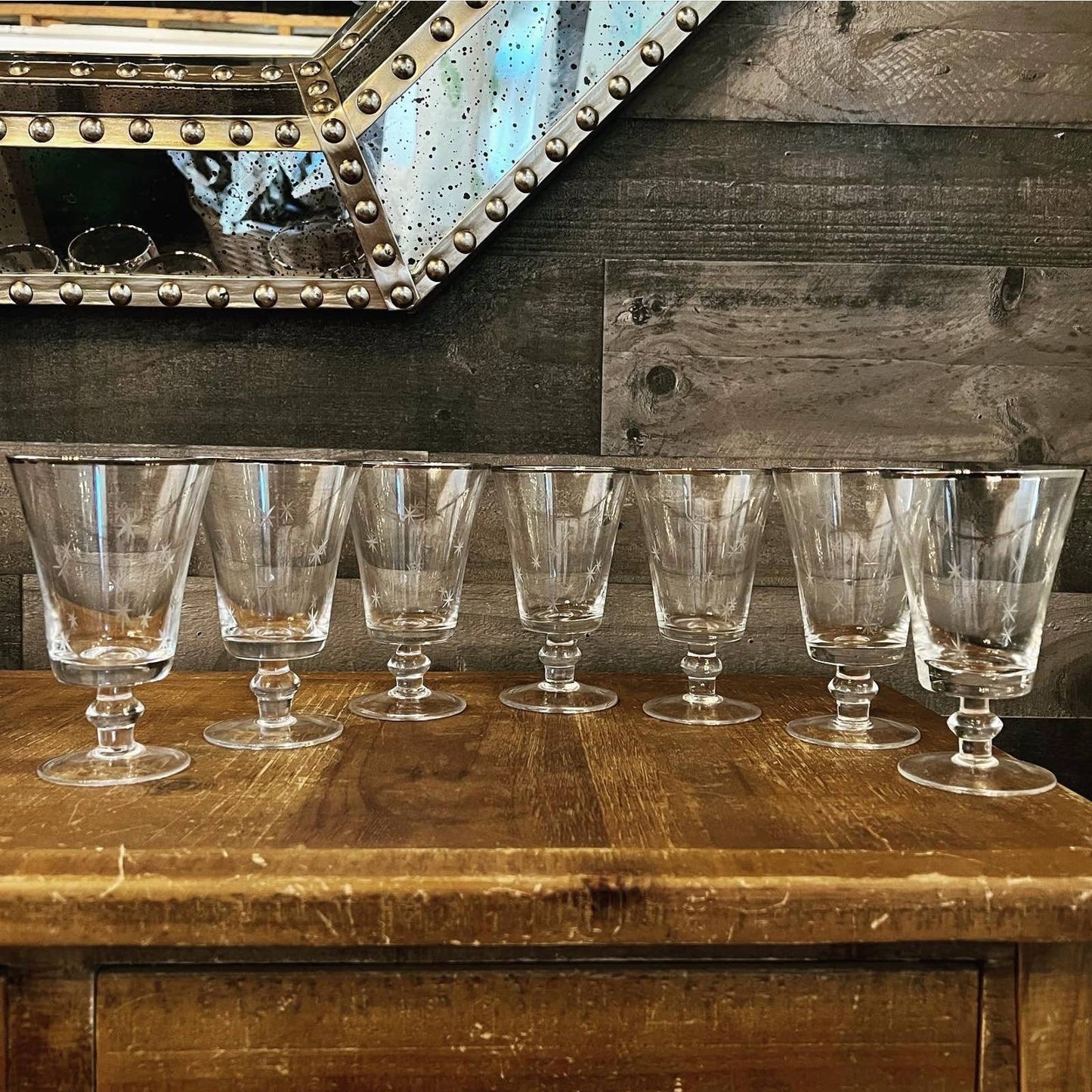 MCM platinum rim atomic starburst etched vintage short stem glass goblets set of 7 - star etched glasses - chrome rim glasses