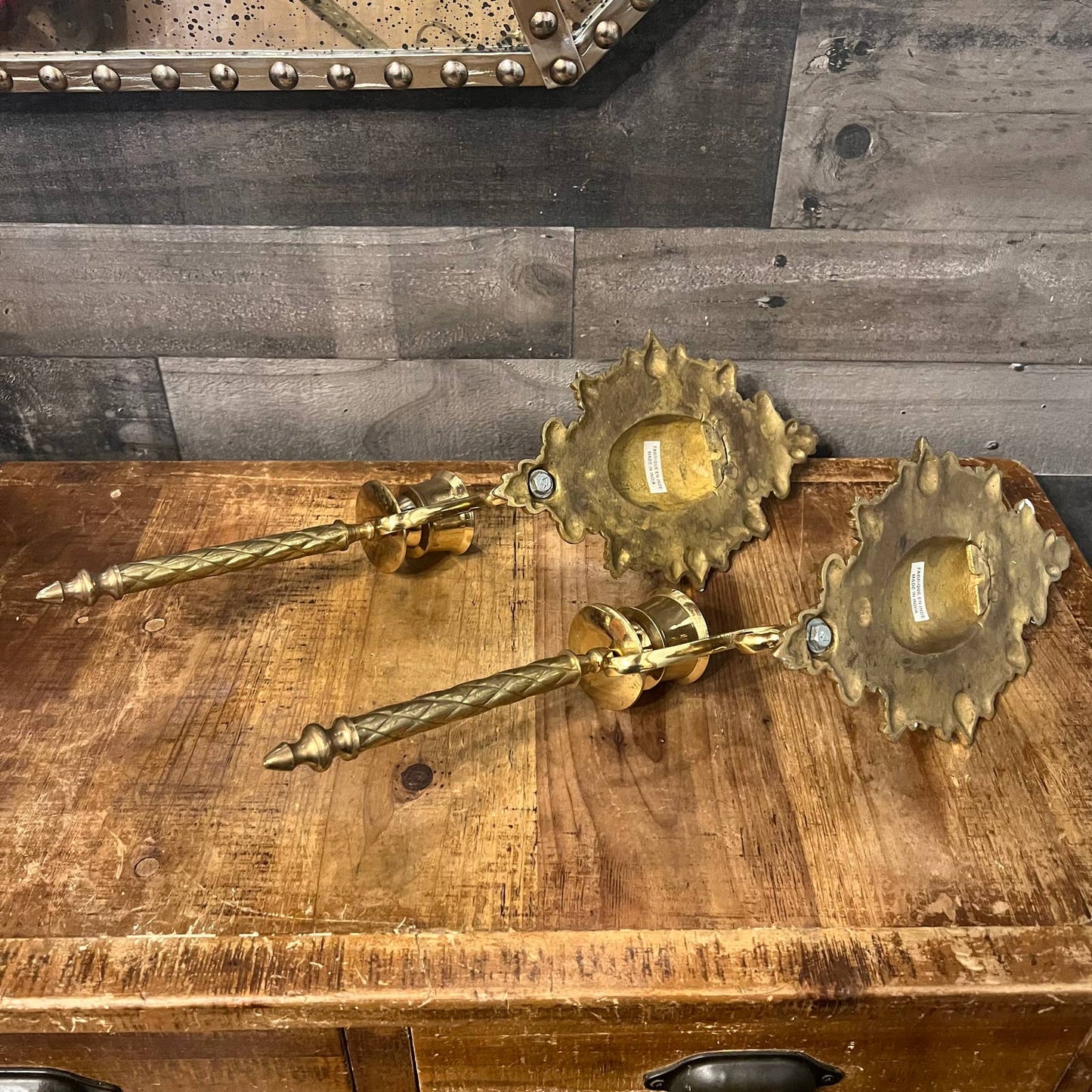 Vintage brass candlestick holder wall sconce pair