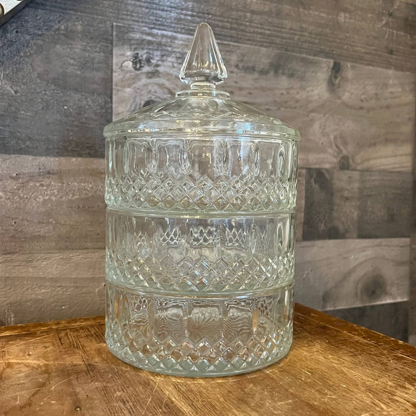 Vintage Indiana Glass 3 tier princess cut clear lidded dish
