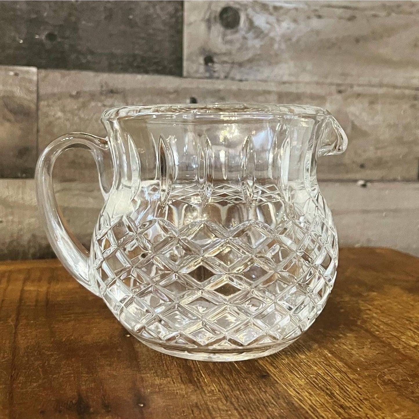 Vintage petite diamond cut heavy crystal handles pitcher - squat pitcher - martini pitcher - drink pitcher - bar pitcher - bar cart pitcher