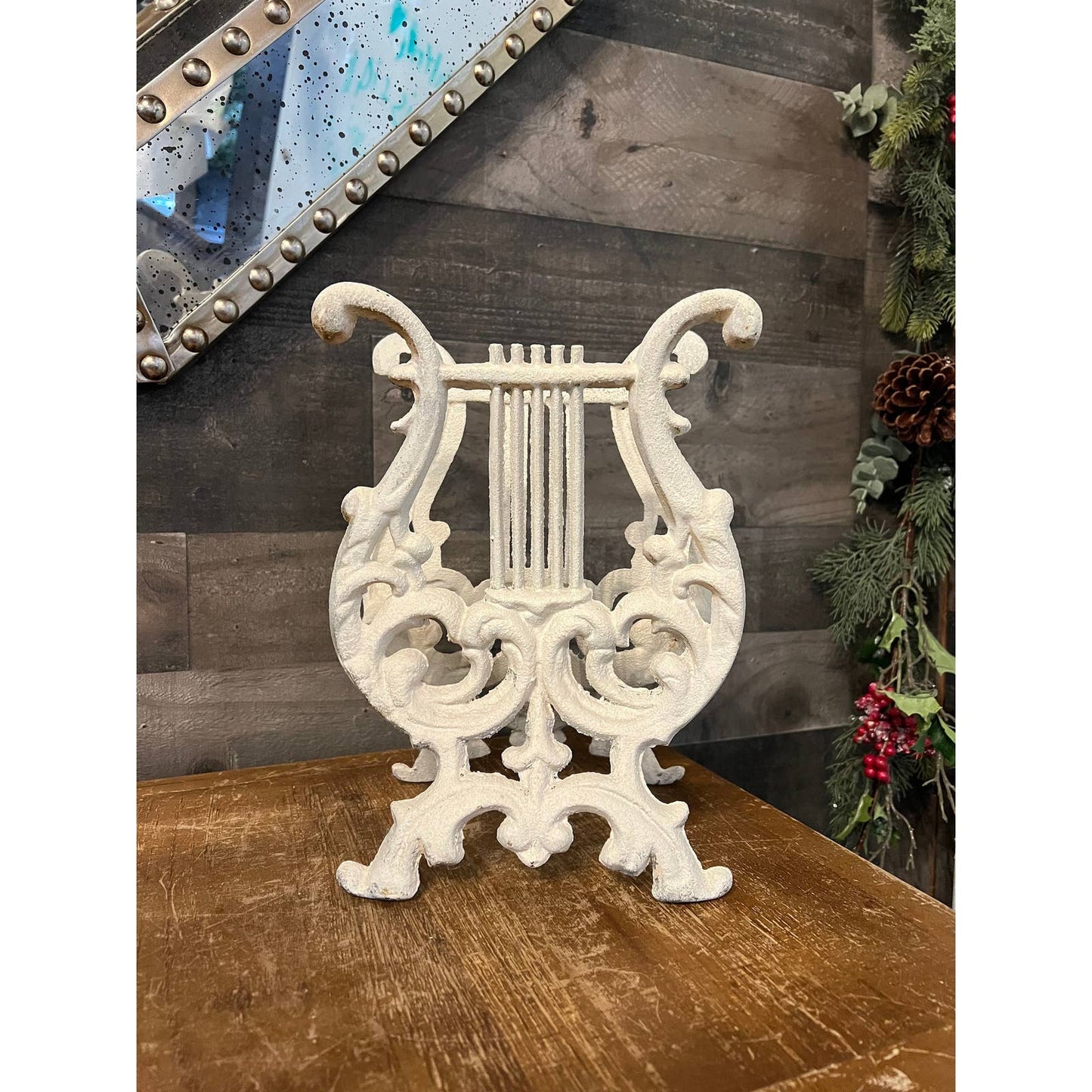 Vintage white lyre harp book stand