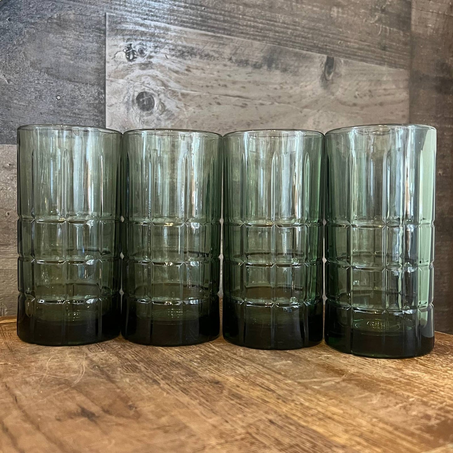 Vintage Anchor Hocking tall dark green tartan glasses - set of 4