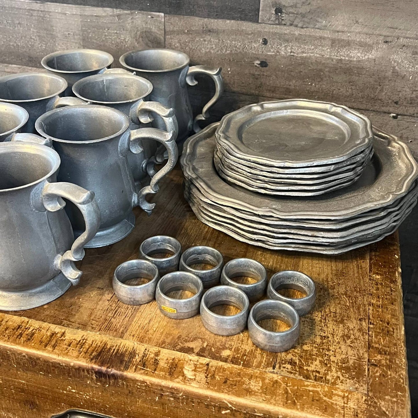 Vintage pewter dinnerware - pewter serveware - pewter mugs - pewter dinner plates - pewter salad plates