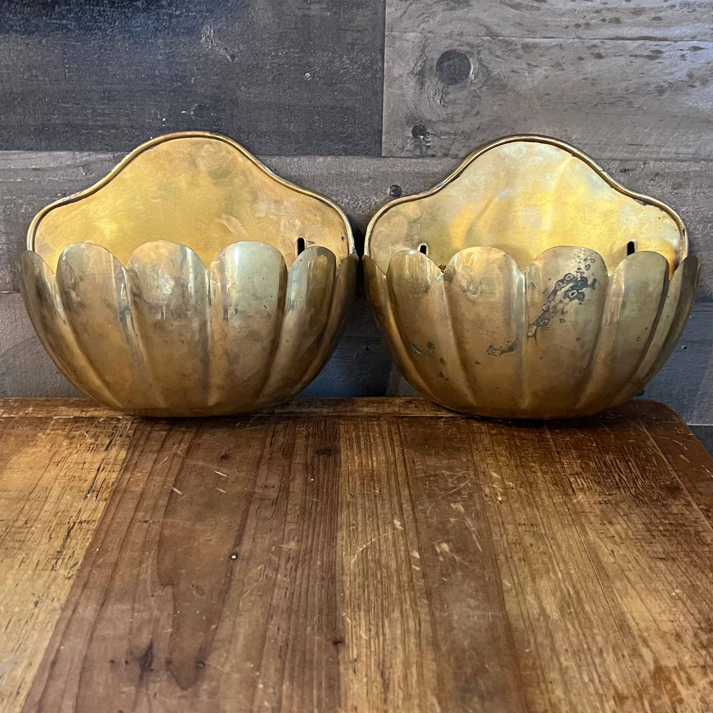 Vintage brass scallop edge wall planters - pair