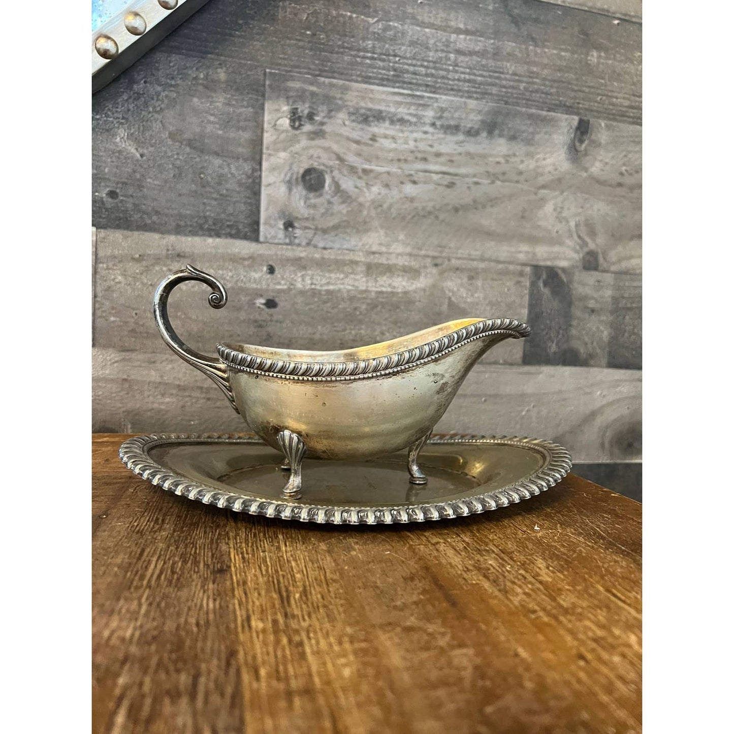 Vintage silver plate handled footed gravy boat and oval serving tray - sauce boat - cream pour