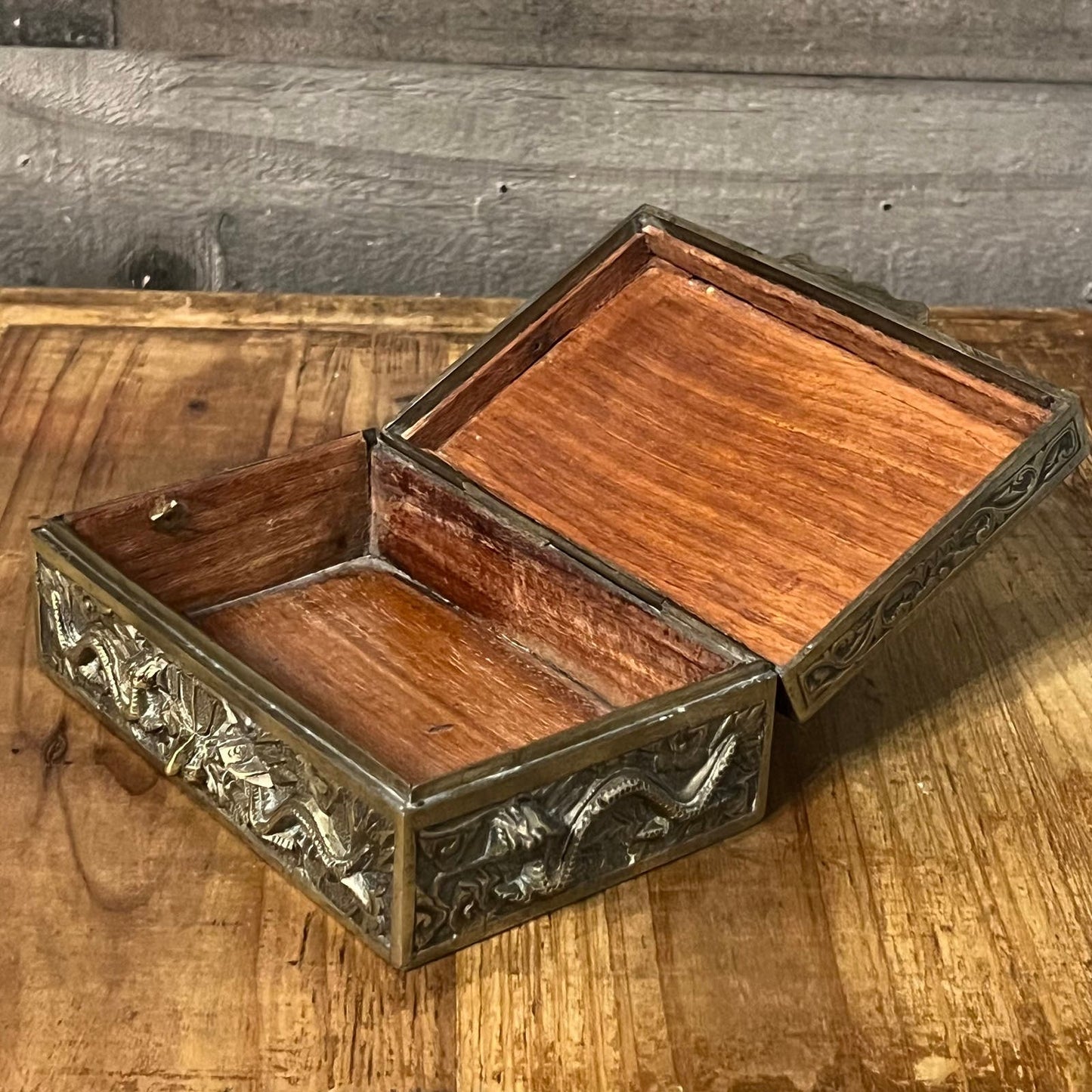 Brass Dragon Motif Rectangular Trinket Box with Wood Interior