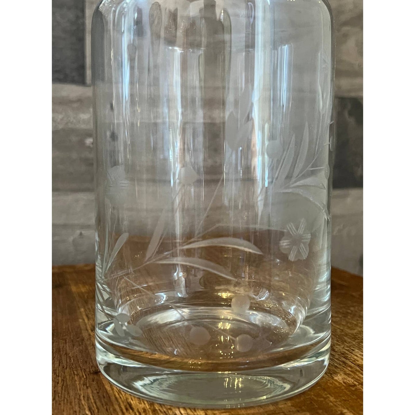 Clear glass floral etched tall decanter and cylinder stopper