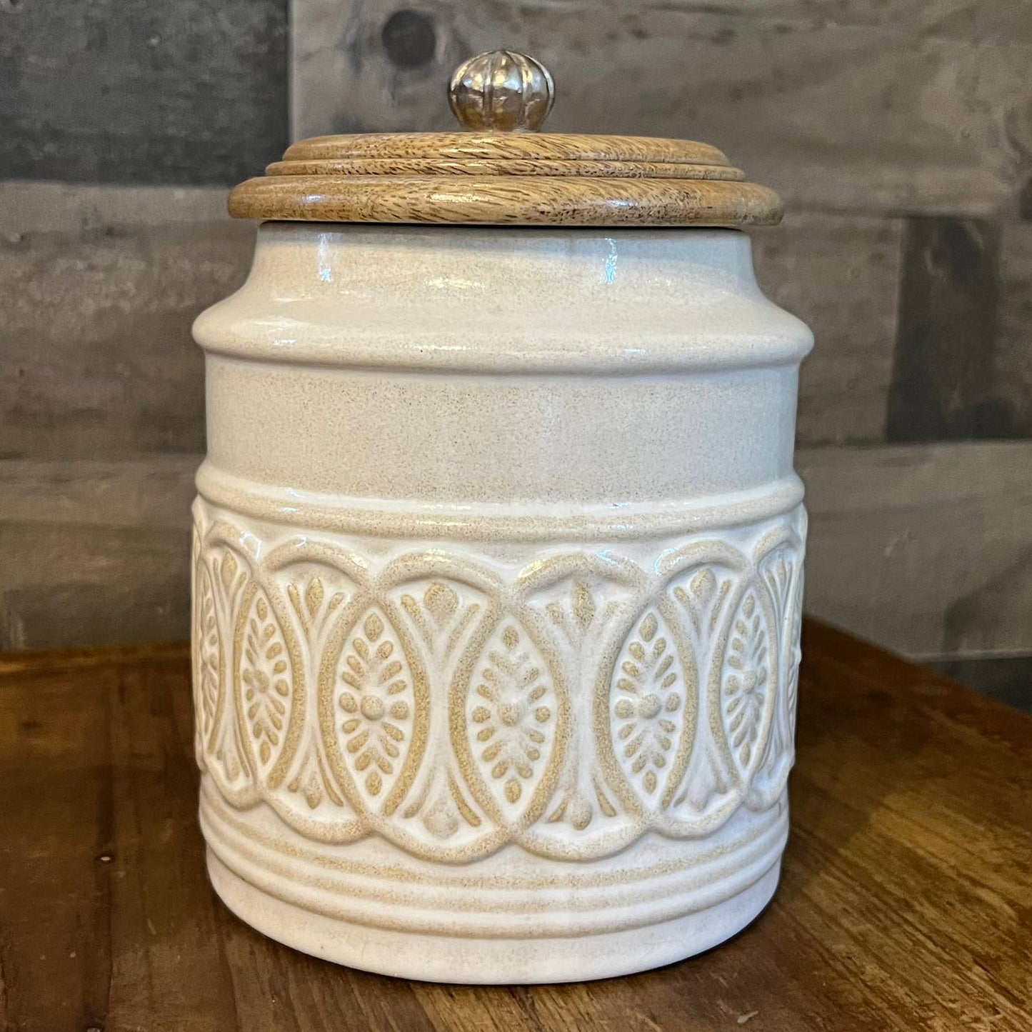 Pier 1 Imports creamy white lidded canister
