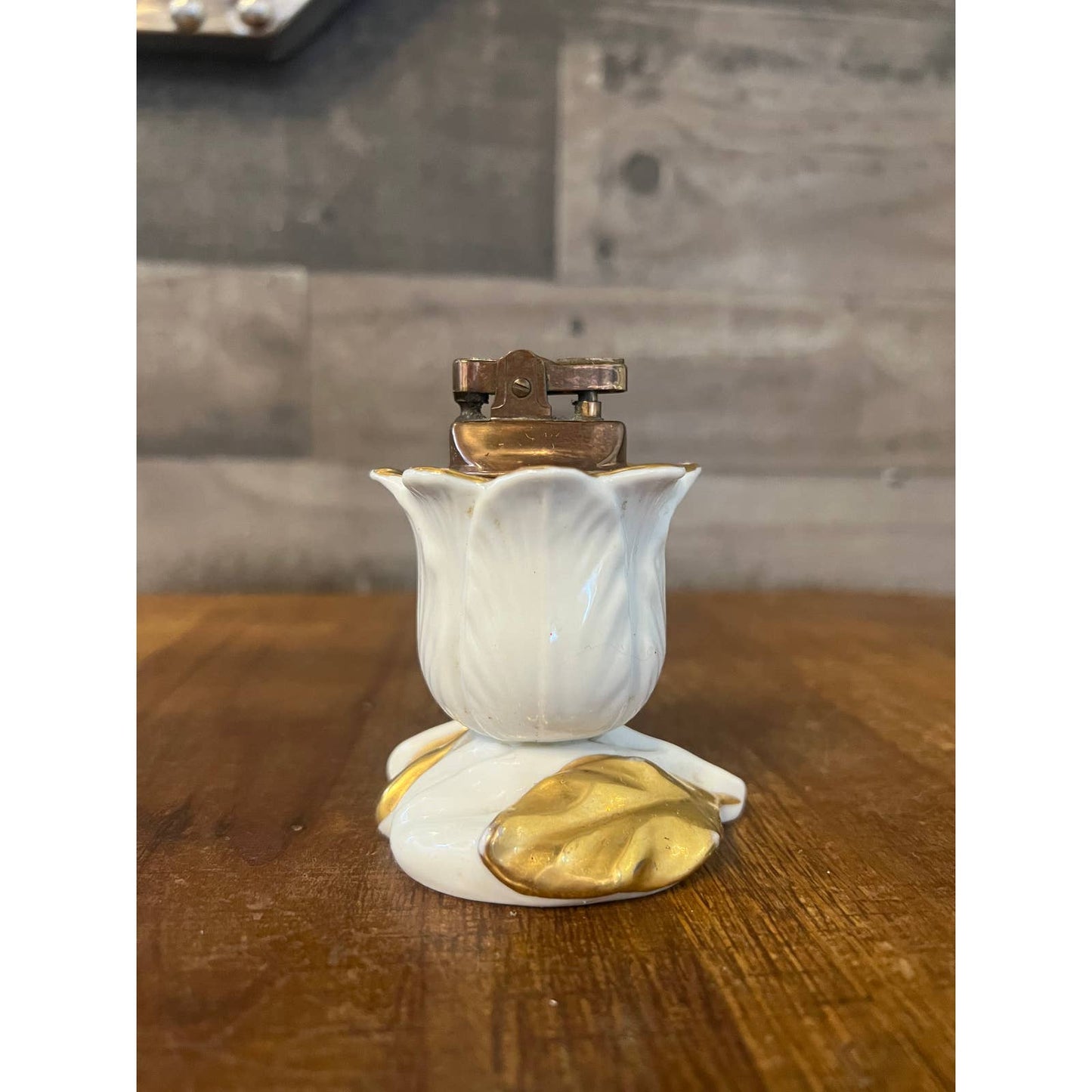 Rosenfeld Imports NY porcelain white and gold rose brass / copper table lighter