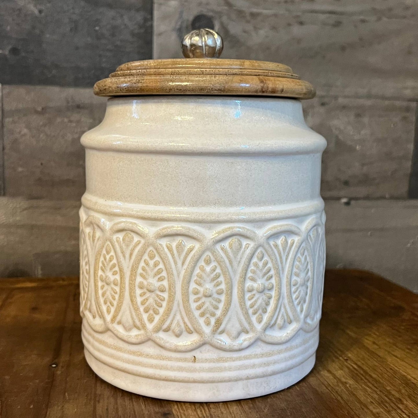 Pier 1 Imports creamy white lidded canister