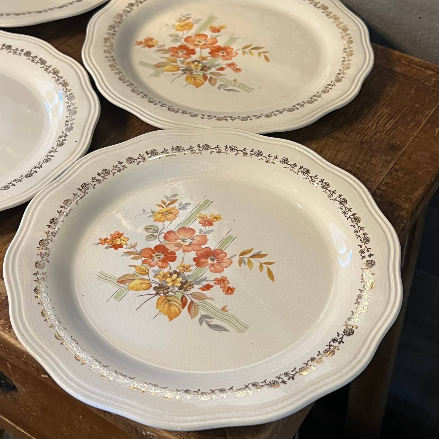Vintage French Saxon China 22 K gold floral ribbon plates - set of 6