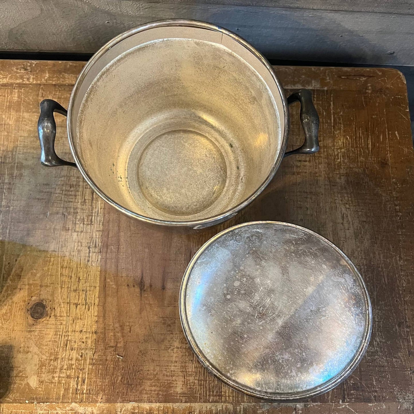 Vintage Crescent silver plated double handled ice bucket and lid