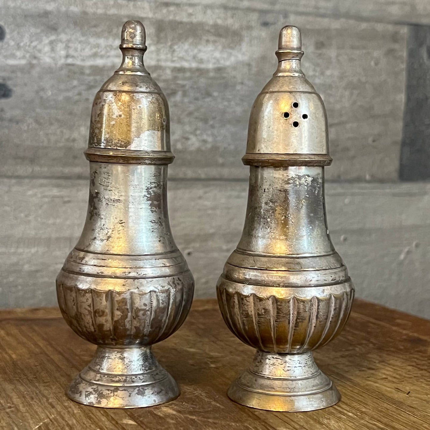 Vintage silver tone weighted salt and pepper shakers