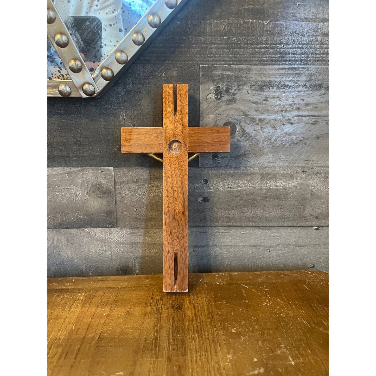 Vintage wooden pearlescent cross Jesus crucifix