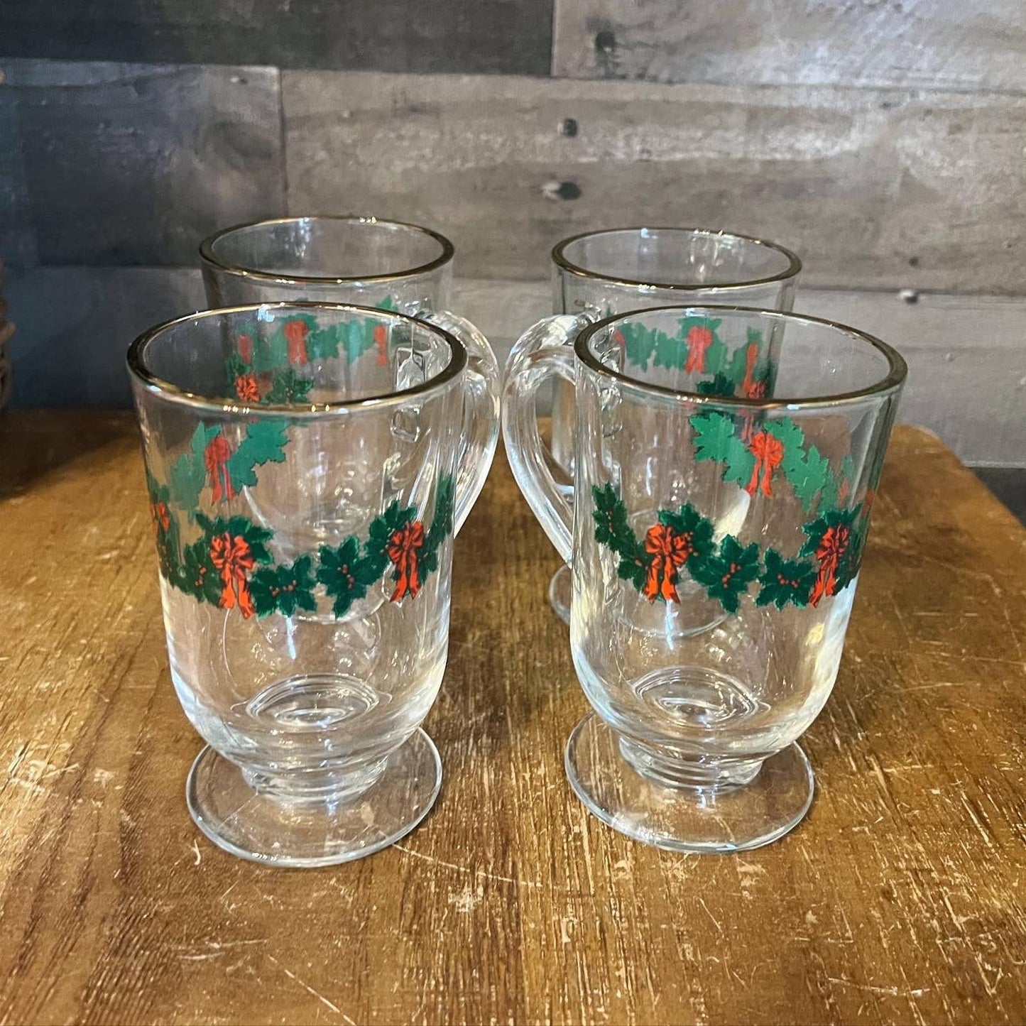 4 vintage holiday Libbey glass green garland red bows holly berries mugs