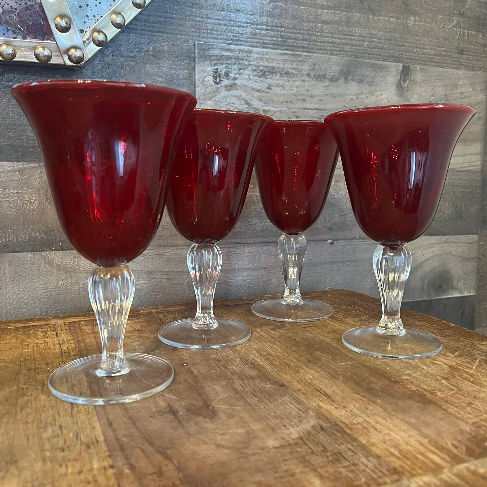 Vintage Red Stem Wine Glasses, Set of 4