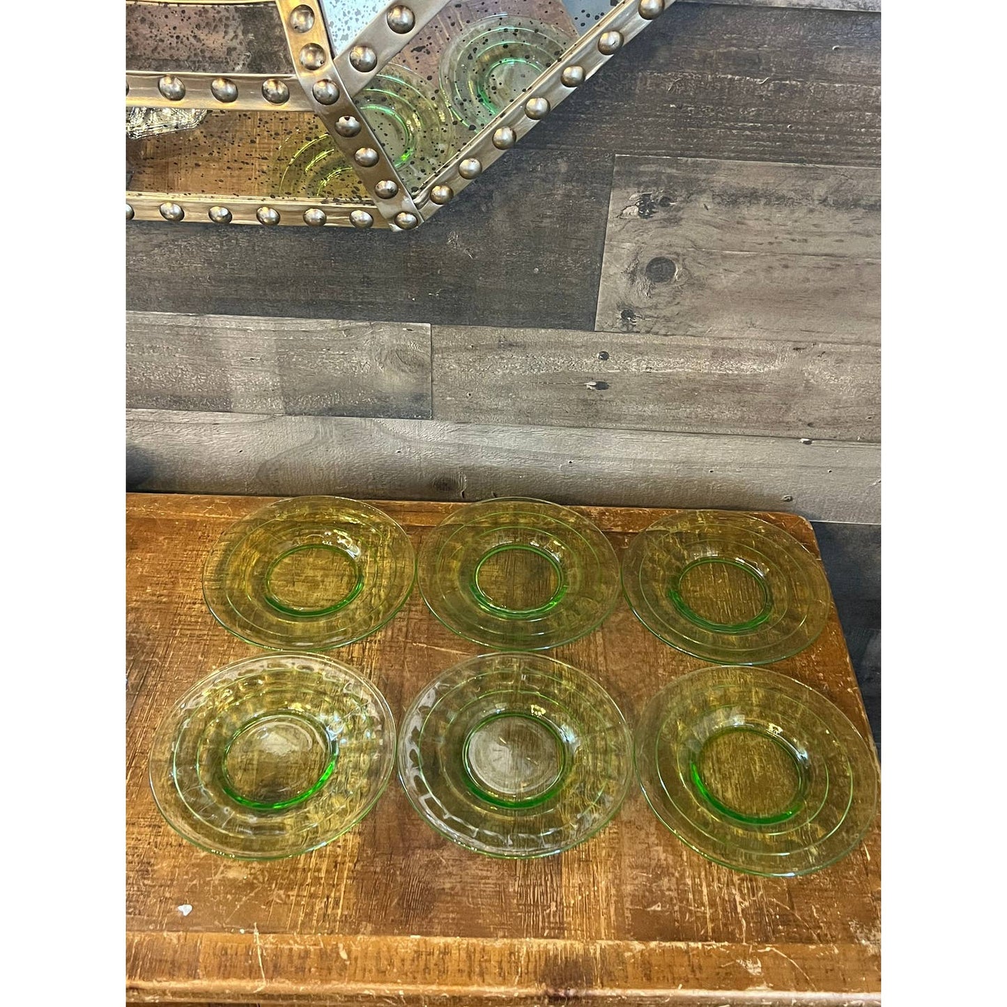 6 vintage anchor hocking 1930s optic block green glass vaseline uranium saucers