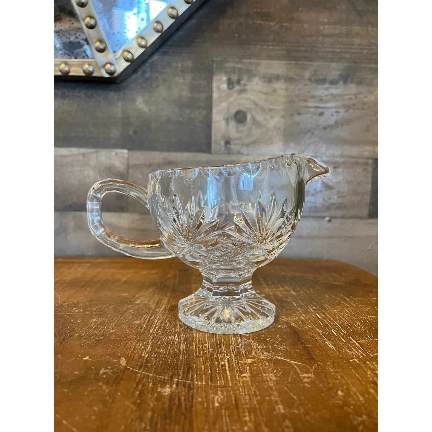 Vintage heavy crystal cut to clear pedestal gravy boat