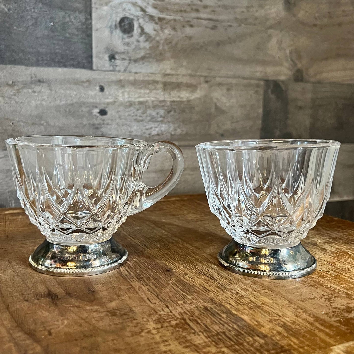 Vintage Val Saint Lambert crystal sugar and creamer with silver plated base