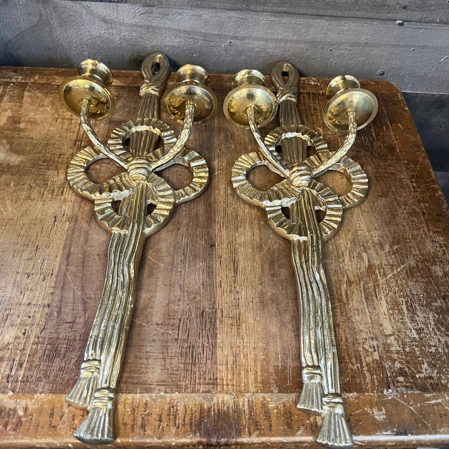 Vintage brass bow ribbon tassel wall sconces - pair