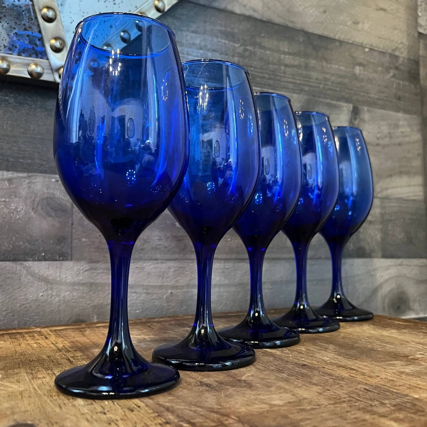 Set of 5 cobalt blue glass wine glasses - water goblets