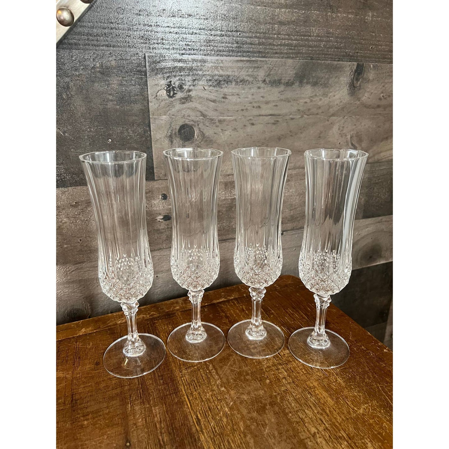 4 Vintage Cristal D’Arques Durand clear crystal faceted stem champagne glasses