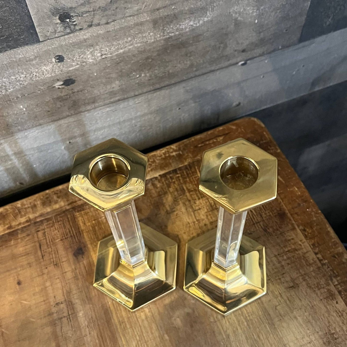 Brass and lucite candlestick holder pair