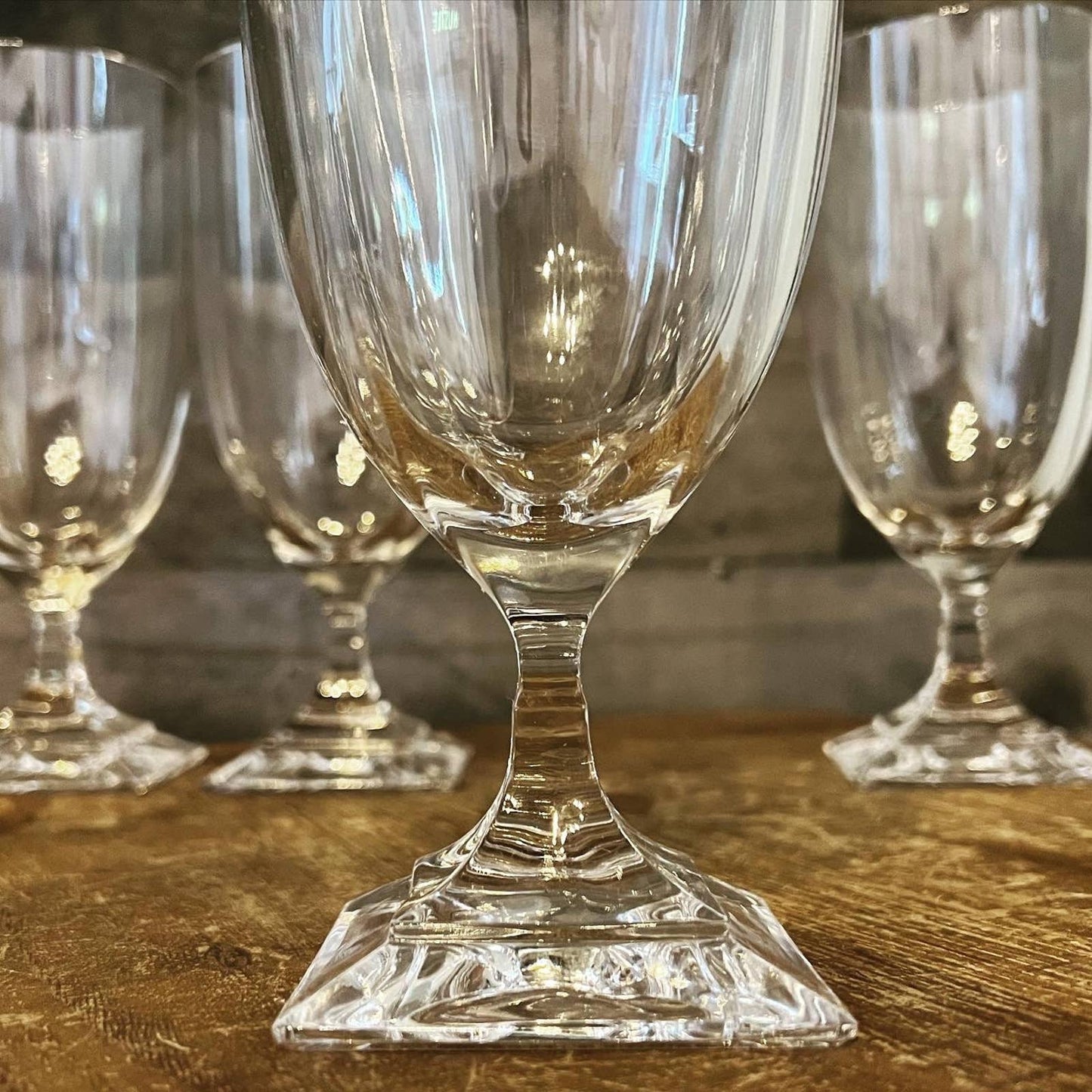 Elegant set of 4 square pedestal base clear glass goblets