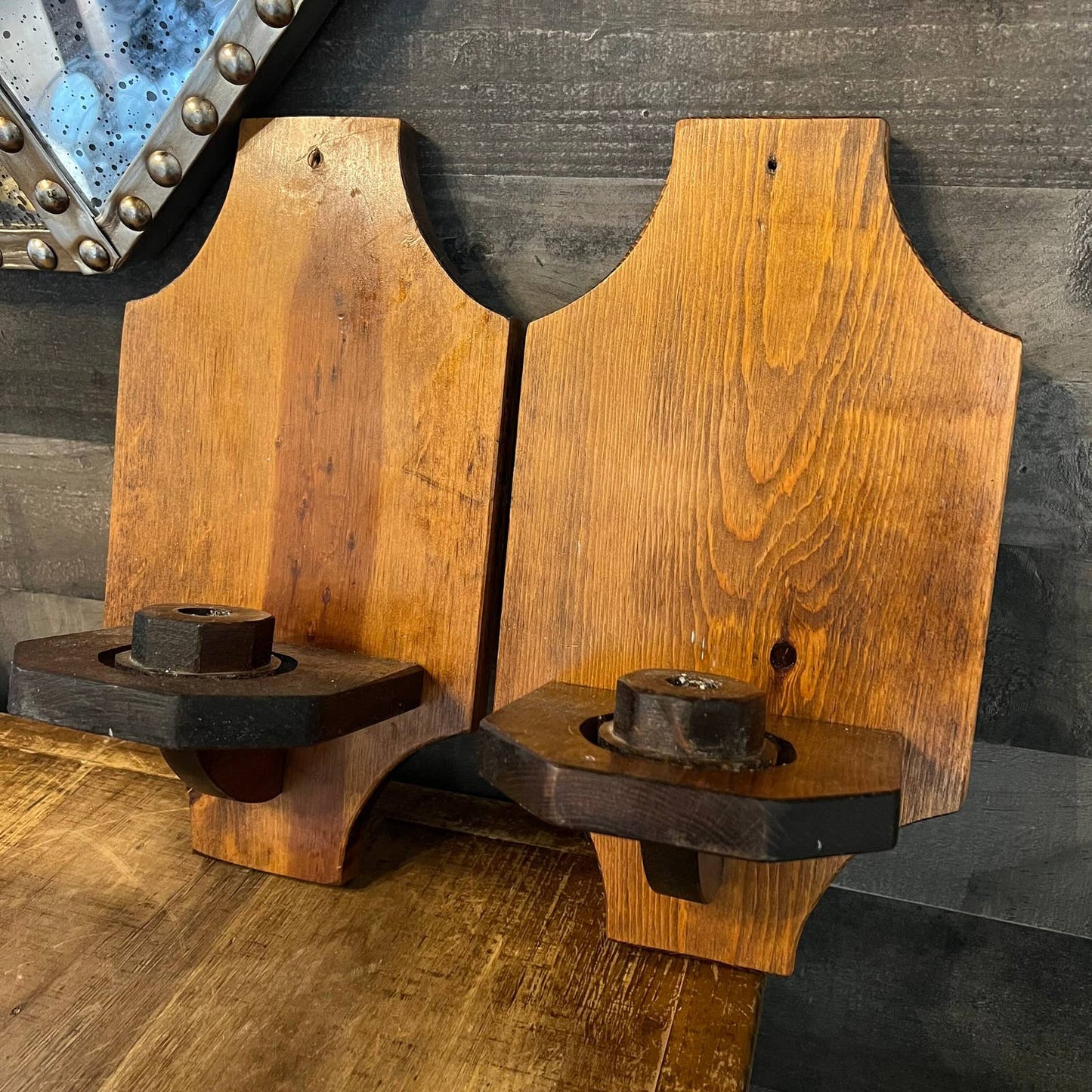 Vintage pair of wooden wall sconce candlestick holders