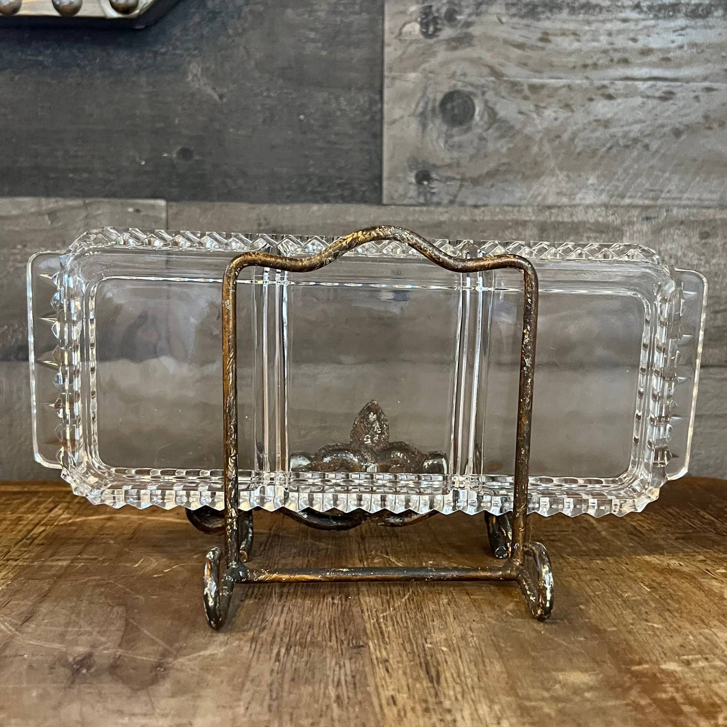 Vintage glass rectangle divided trinket tray with sawtooth rim