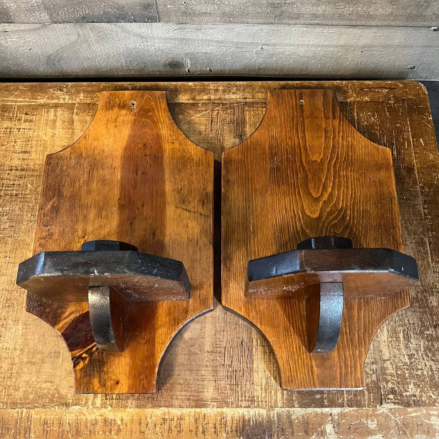 Vintage pair of wooden wall sconce candlestick holders