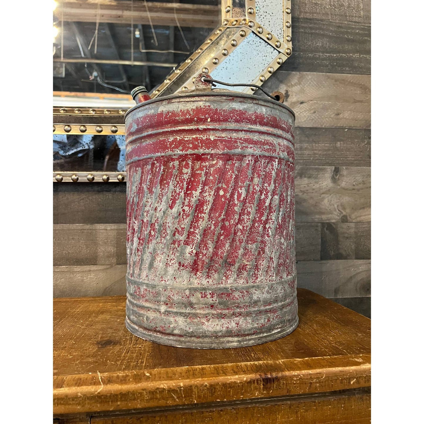 Vintage galvanized rustic metal handles gasoline can - red chipped paint gasoline can with handle and spout