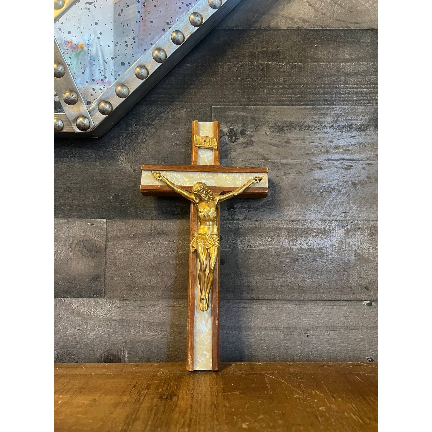 Vintage wooden pearlescent cross Jesus crucifix