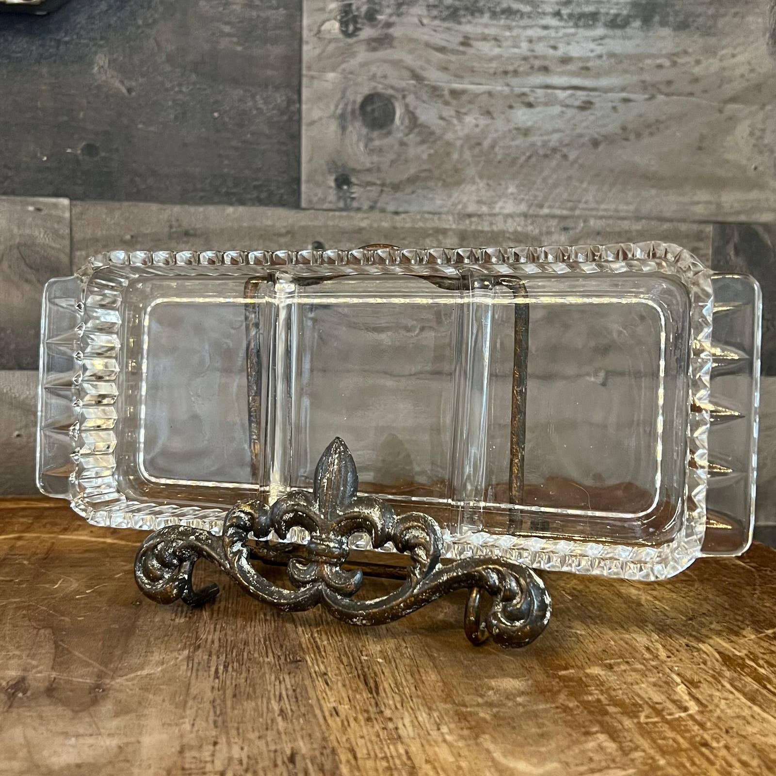 Vintage glass rectangle divided trinket tray with sawtooth rim