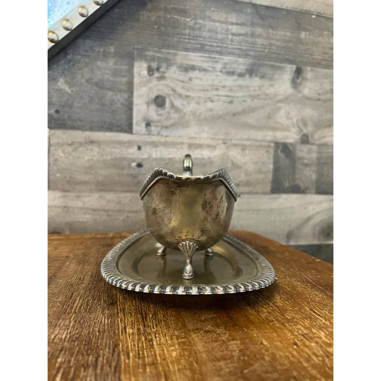 Vintage silver plate handled footed gravy boat and oval serving tray - sauce boat - cream pour
